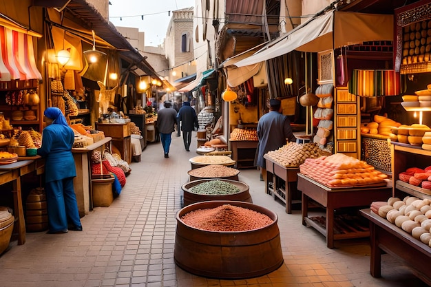 Een markt in Marokko met een man die langs een winkel loopt die kruiden verkoopt.