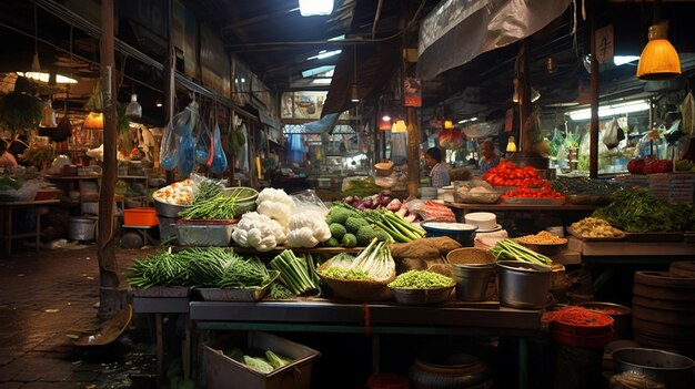 Foto een markt met een verscheidenheid aan groenten en een bord met de tekst 