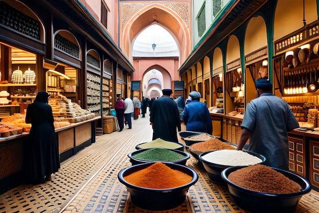 Een markt met veel verschillende kruiden tentoongesteld