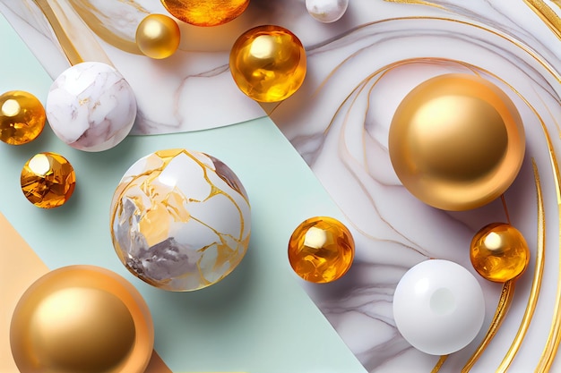 Een marmeren achtergrond met gouden en witte ballen
