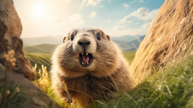 een marmot die uit zijn hol kijkt