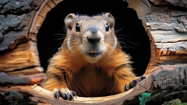 Een marmot steekt zijn hoofd uit een holle boomstam zijn neus trilt van opwinding terwijl hij verkent