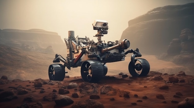 Een mars rover-voertuig op mars met een achtergrond van mars op de achtergrond.