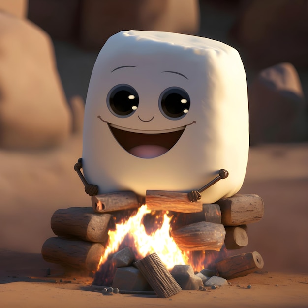 Een marshmallow zit met een lachend gezicht rond een kampvuur.