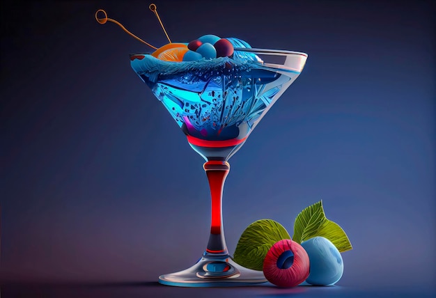Een martini glas met blauwe vloeistof en een bosbes op de bodem.