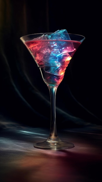 Een martini glas met daarin een blauwe en rode vloeistof.