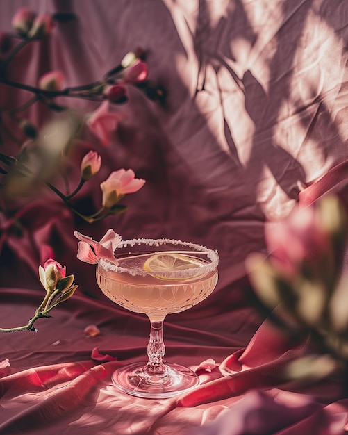 een martini glas met een bloem erin en een roos in het midden