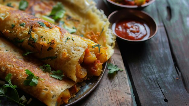 Foto een masala dosa een zuid-indiase crêpe gevuld met pittige aardappelvulling