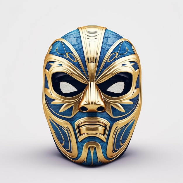 Een masker met een blauw en goud ontwerp erop