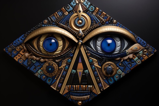 een masker met een blauw oog en een gouden ring erop
