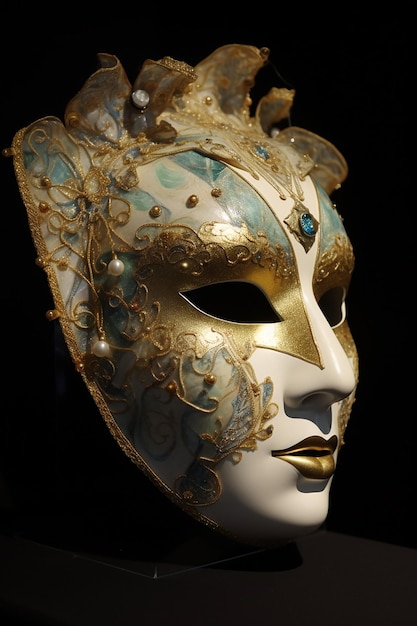 Een masker met gouden en blauwe motieven en een bloem erop