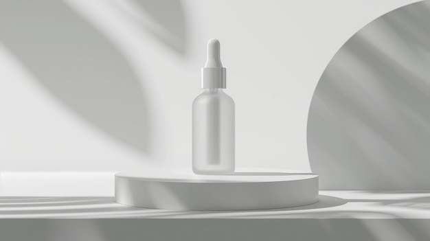 een mat glas serum fles op het podium met een minimale witte achtergrond