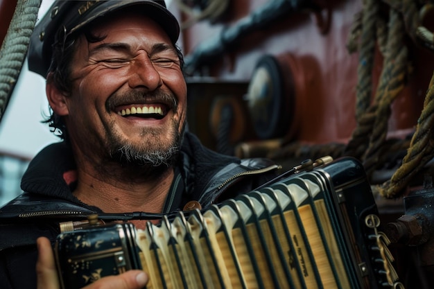 Een matroos die vreugdevol op een accordeon of gitaar speelt terwijl hij met andere bemanningsleden zeezangen zingt om het moreel en de kameraadschap aan boord te bevorderen