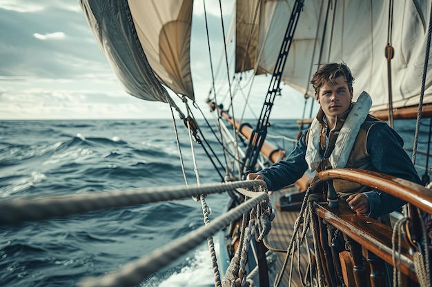 Een matroos die zelfverzekerd aan het roer staat van een zeilschip dat met vastberadenheid door de open zee vaart