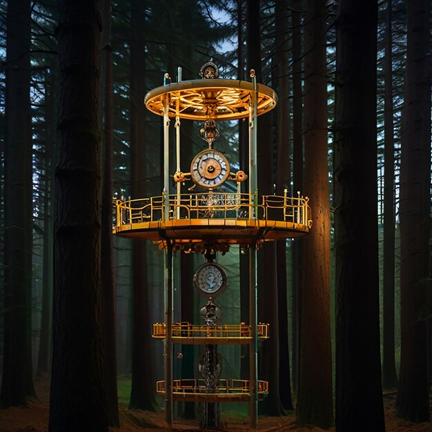 Foto een mechanisch bos waar bomen worden vervangen door torenhoge klokkenwerkconstructies