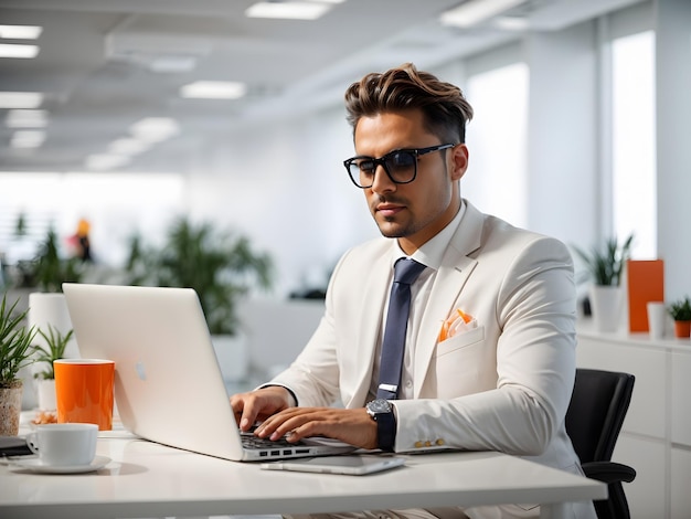 Een medewerker op de laptop de zakelijke aspecten Helder en stijlvol kantoorinterieur en knip de