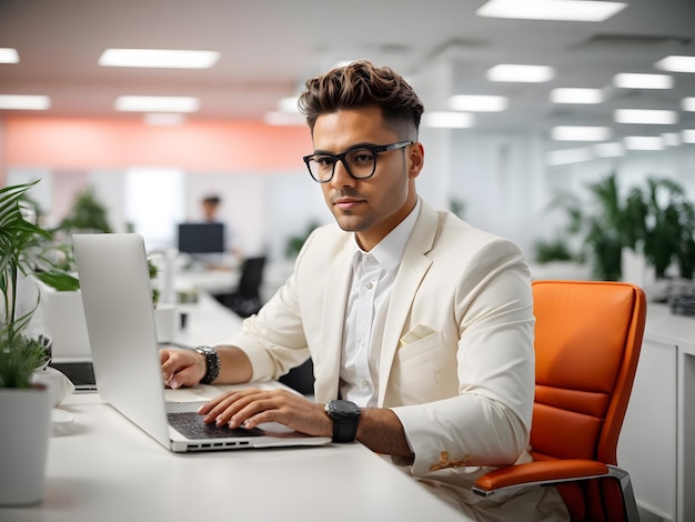 Een medewerker op de laptop de zakelijke aspecten Helder en stijlvol kantoorinterieur en knip de