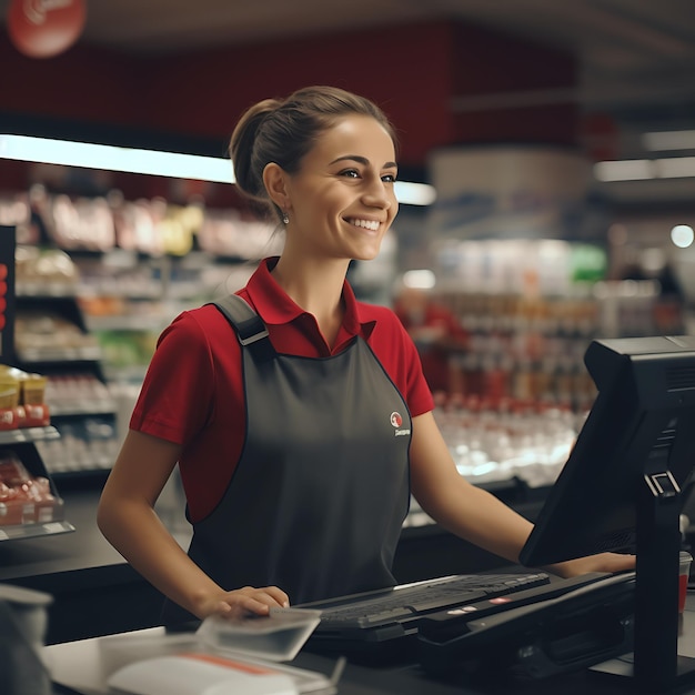 Een medewerkster in een supermarkt staat bij de kassa en verzorgt haar klanten fotorealistisch