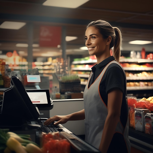 Een medewerkster in een supermarkt staat bij de kassa en verzorgt haar klanten fotorealistisch