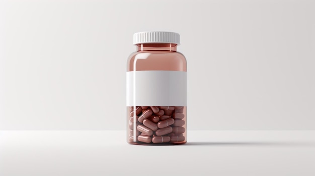 Foto een medicijnfles gevuld met tabletcapsules op een minimale witte achtergrond