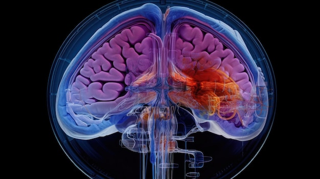 Een medische MRI-afbeelding van de hersenen die een dwarsdoorsnede toont met gedetailleerde annotaties Magnetische resonantie beeldvorming