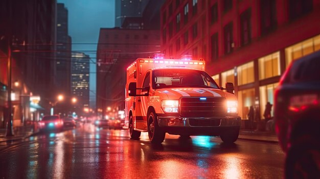 Foto een medische noodambulance die rijdt tijdens de file op het spitsuurconcept van de stadsweg ambulance generatieve ai