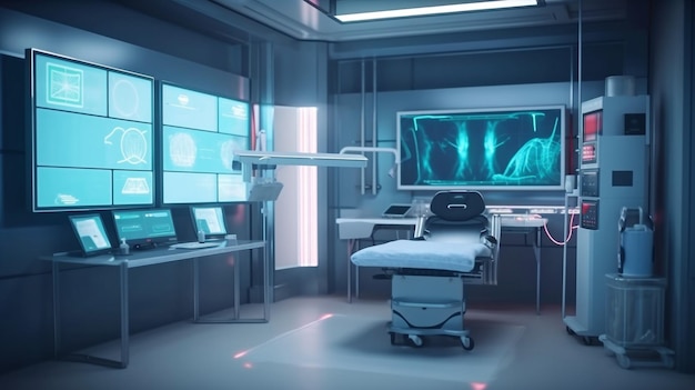 Foto een medische ruimte met medische apparatuur en medische apparatuur in het weergavegebied met onder meer een monitor, een laptop en generative ai