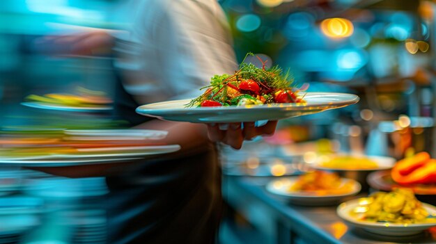 Foto een mediterrane keuken ratatouille ober die in beweging dient tijdens zijn dienst in het restaurant de ober draagt gerechten
