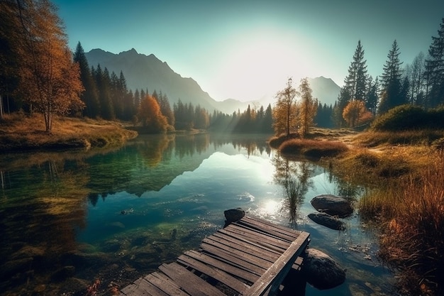 Een meer in de bergen met een houten steiger en een meer op de voorgrond.