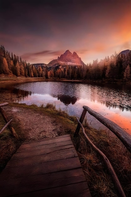 Foto een meer in de bergen met een zonsondergang op de achtergrond