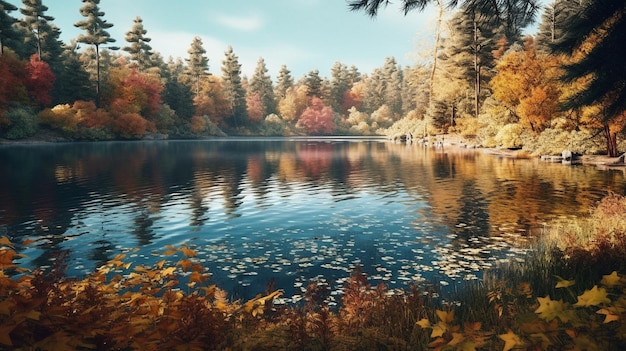 Een meer in het bos met herfstbladeren op het water