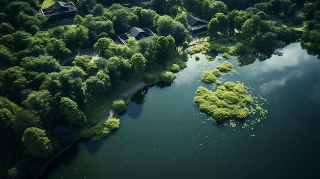 een meer met bomen en huizen op de achtergrond