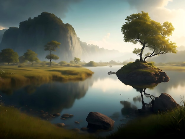 Een meer met bomen en rotsen in natuurlijke schoonheid weerspiegeld in een rustig bergmeer