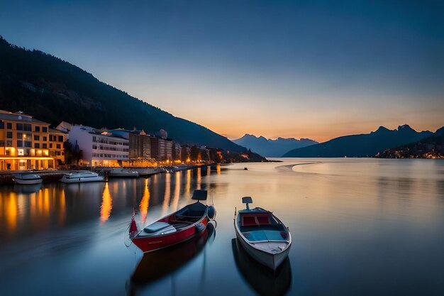 Foto een meer met boten en bergen op de achtergrond.