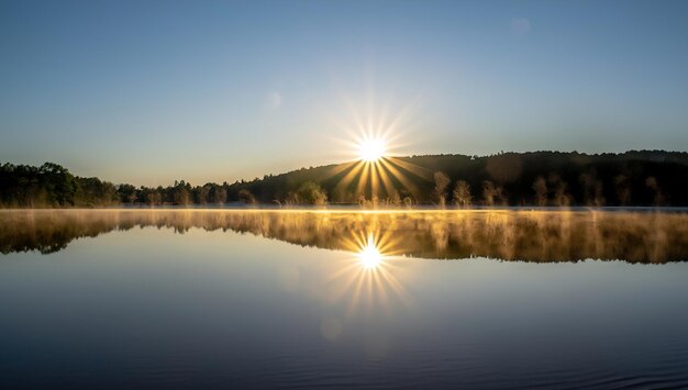 Foto een meer met daarachter de ondergaande zon