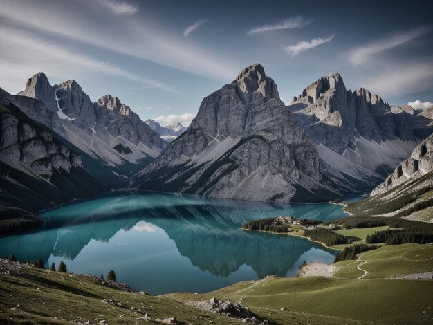 Foto een meer met een berg op de achtergrond prachtige weerspiegeling van de lucht prachtige reflecties