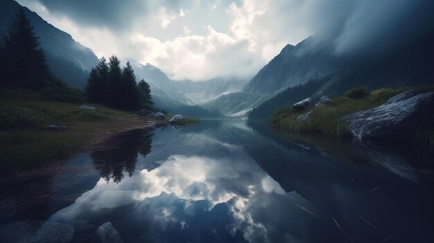 Een meer met een bewolkte hemel en bomen