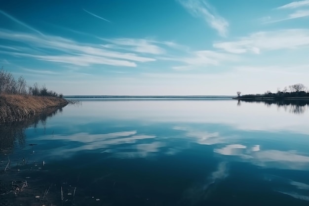 Een meer met een blauwe lucht en wolken