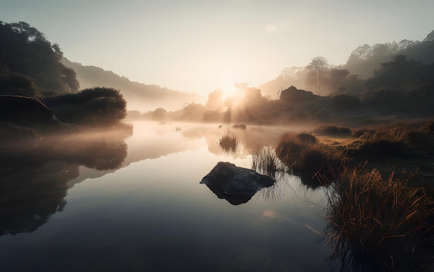 Een meer met een mistige lucht en de zon schijnt door de mist