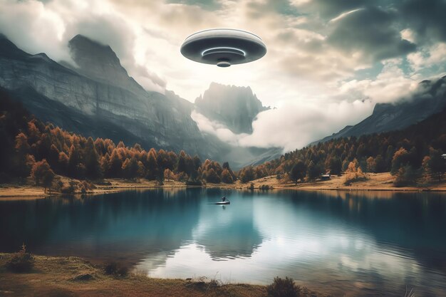 Een meer met een ufo erboven