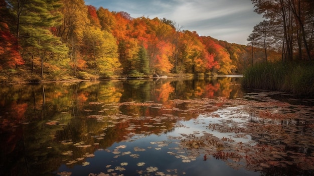 Een meer met herfstkleuren op de achtergrond