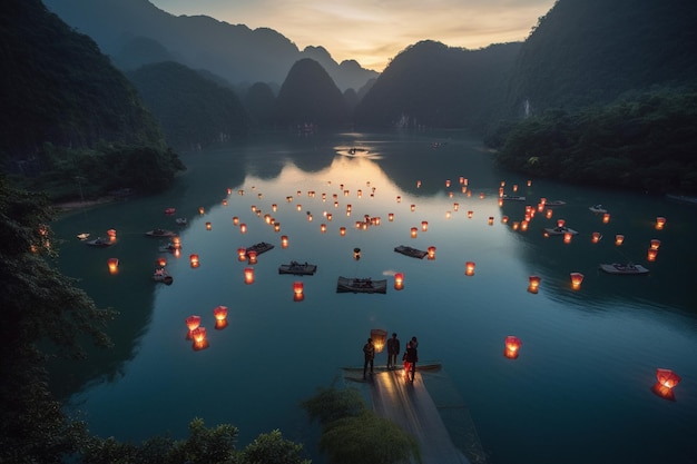 Een meer met lantaarns die op het water drijven