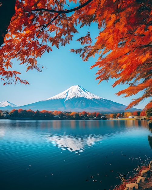 Een meer met uitzicht op de berg Fuji met herfstbomen