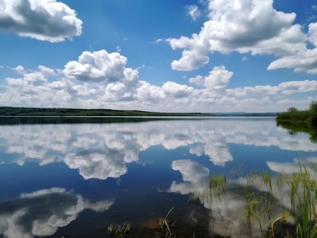 Een meer met water en lucht met witte gezwollen wolken