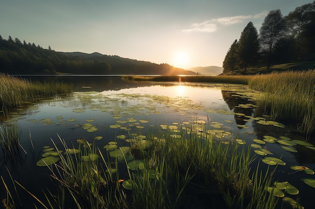 Een meer met waterlelies en een zonsondergang op de achtergrond