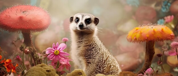 Een meerkat in een veld van bloemen