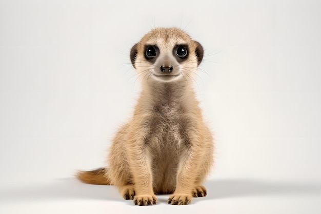 Een meerkat zit op een witte achtergrond.