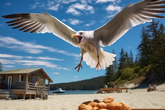 Een meeuw die naar beneden zweeft naar een chip van een strandpicknick