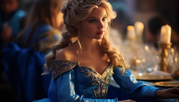 Een meisje als prinses Blond haar In een blauwe prinsessenjurk