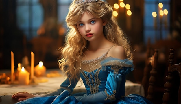 Een meisje als prinses Blond haar In een blauwe prinsessenjurk